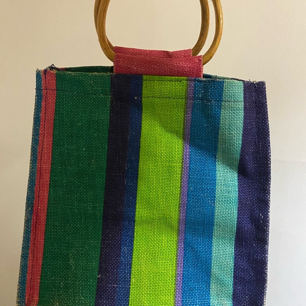 Colorful Striped Women's Midi Tote Bag with wooden handle boho style